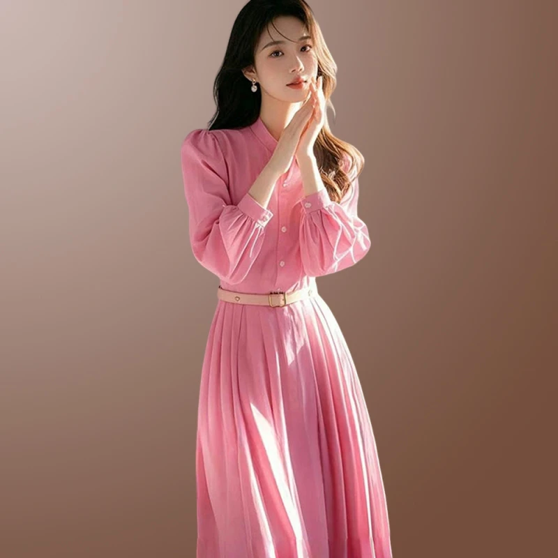 2025法式温柔绝美春秋新款气质海边度假风收腰裙子粉色长袖连衣裙