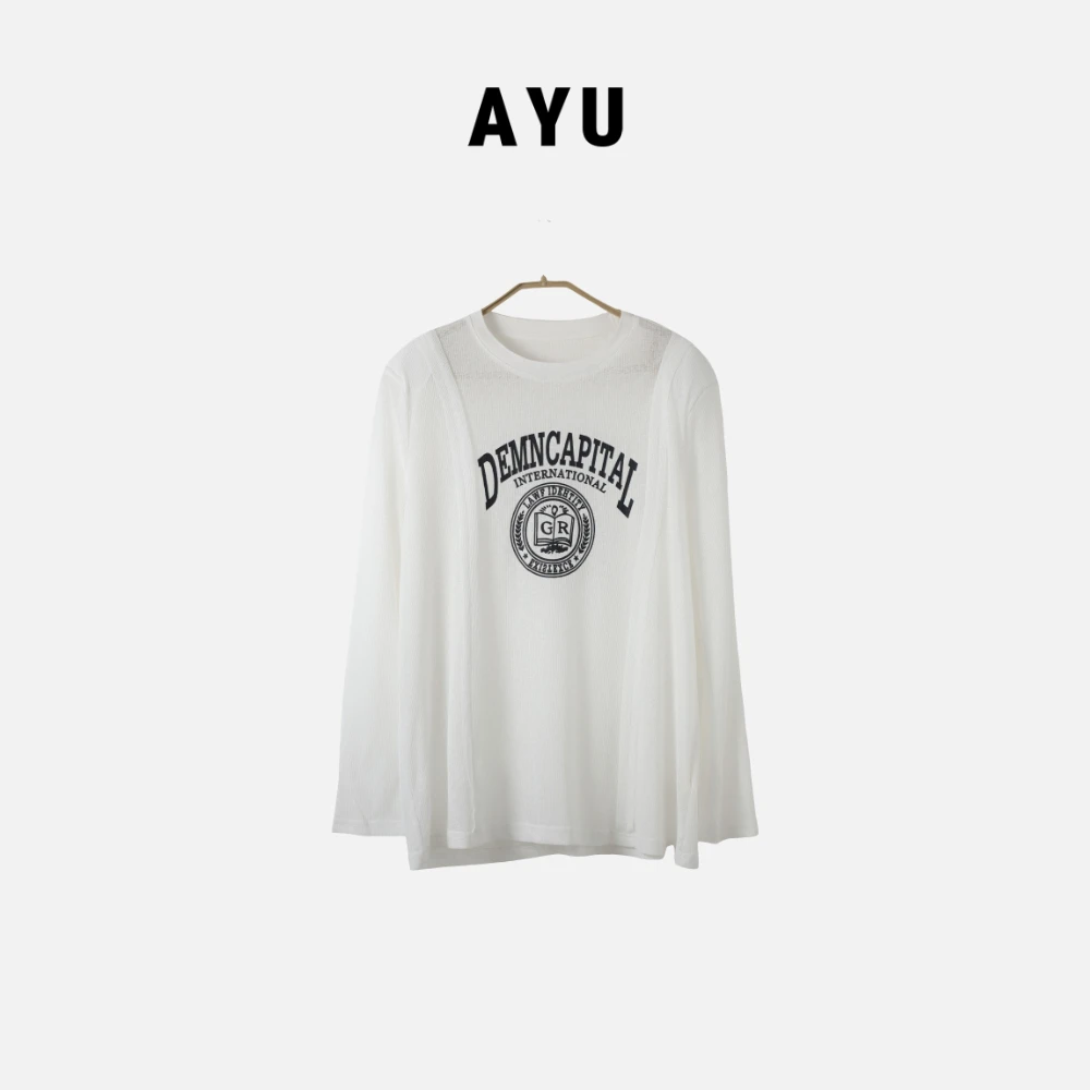 阿玉家&韩版中长款T恤宽松型潮流通勤demnc字母印花长袖T恤#7510