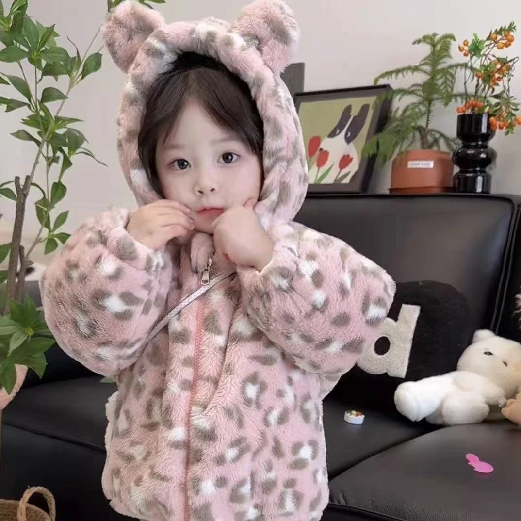 女童粉红豹纹加绒保暖可爱秋冬毛毛衣加厚棉衣小童女宝