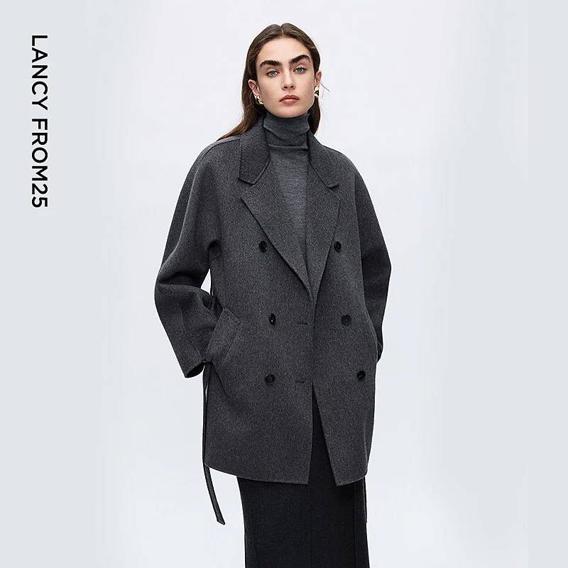 朗姿纯羊毛西装领双排扣修身中长款毛呢外套气质通勤2025冬季新款