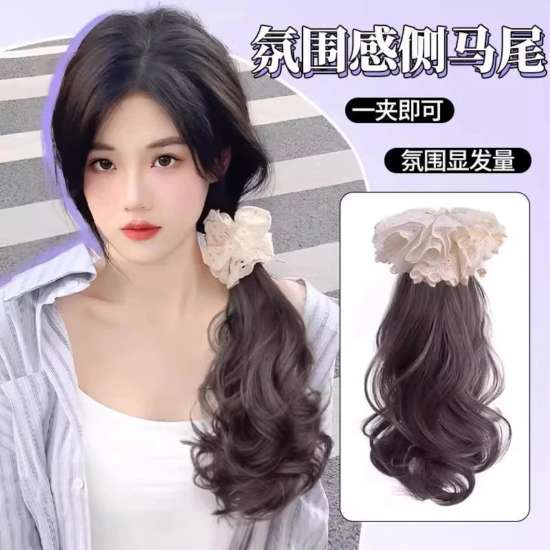 蕾丝花边短梨花抓夹女马尾仿真发蓬松自然增发量短卷发假马尾辫子