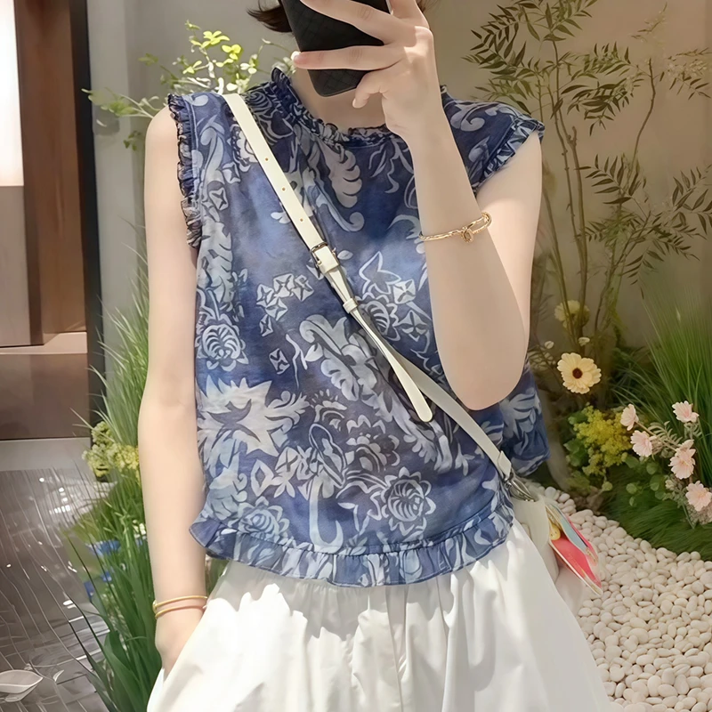 木耳边无袖衬衫女夏季2025新款今年流行的漂亮小衫法式小资小上衣