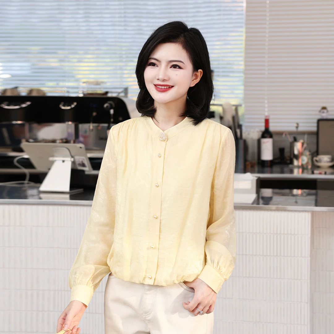 枫竺阿楠anan气质圆领重工钉珠提花长袖单排扣衬衫女秋季百搭上衣
