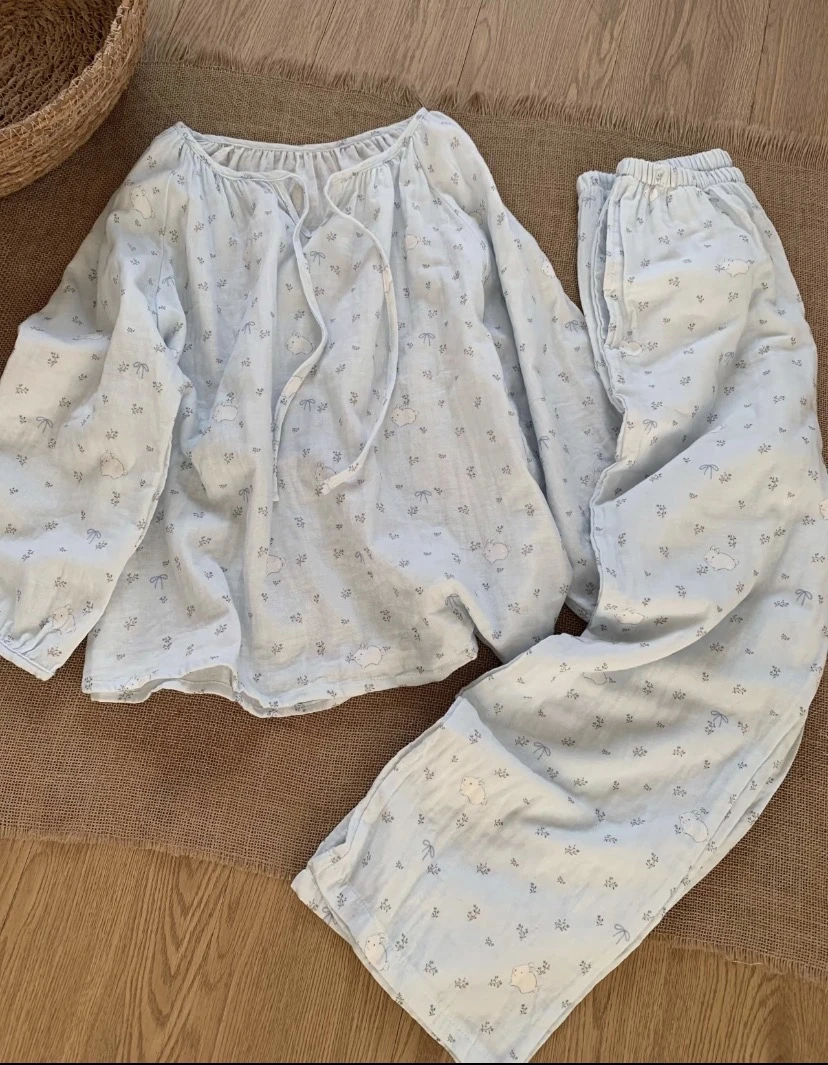 2025年新款春秋长袖长裤海盐小兔睡衣女可爱可外穿家居服套装