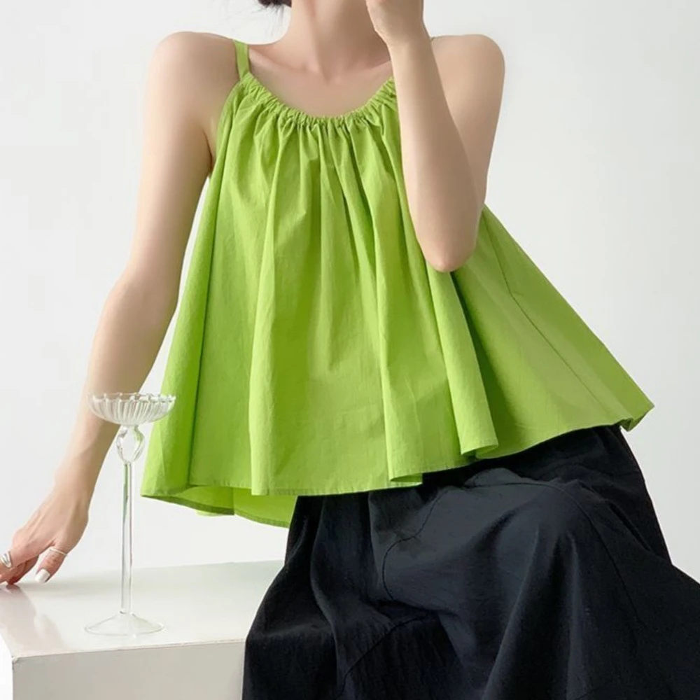 韩系绿色外穿小吊带背心女夏季多巴胺度假褶皱可调节宽松无袖上衣