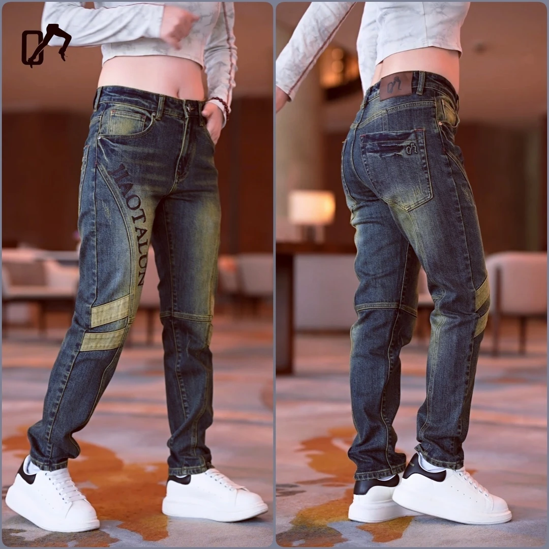 男士拼接修身牛仔长裤常规怀旧潮流高街机车裤显高显瘦韩版小直筒