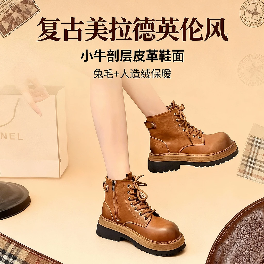 153-6超火复古美拉德马丁靴女2025新款英伦风小个子增高厚底短靴