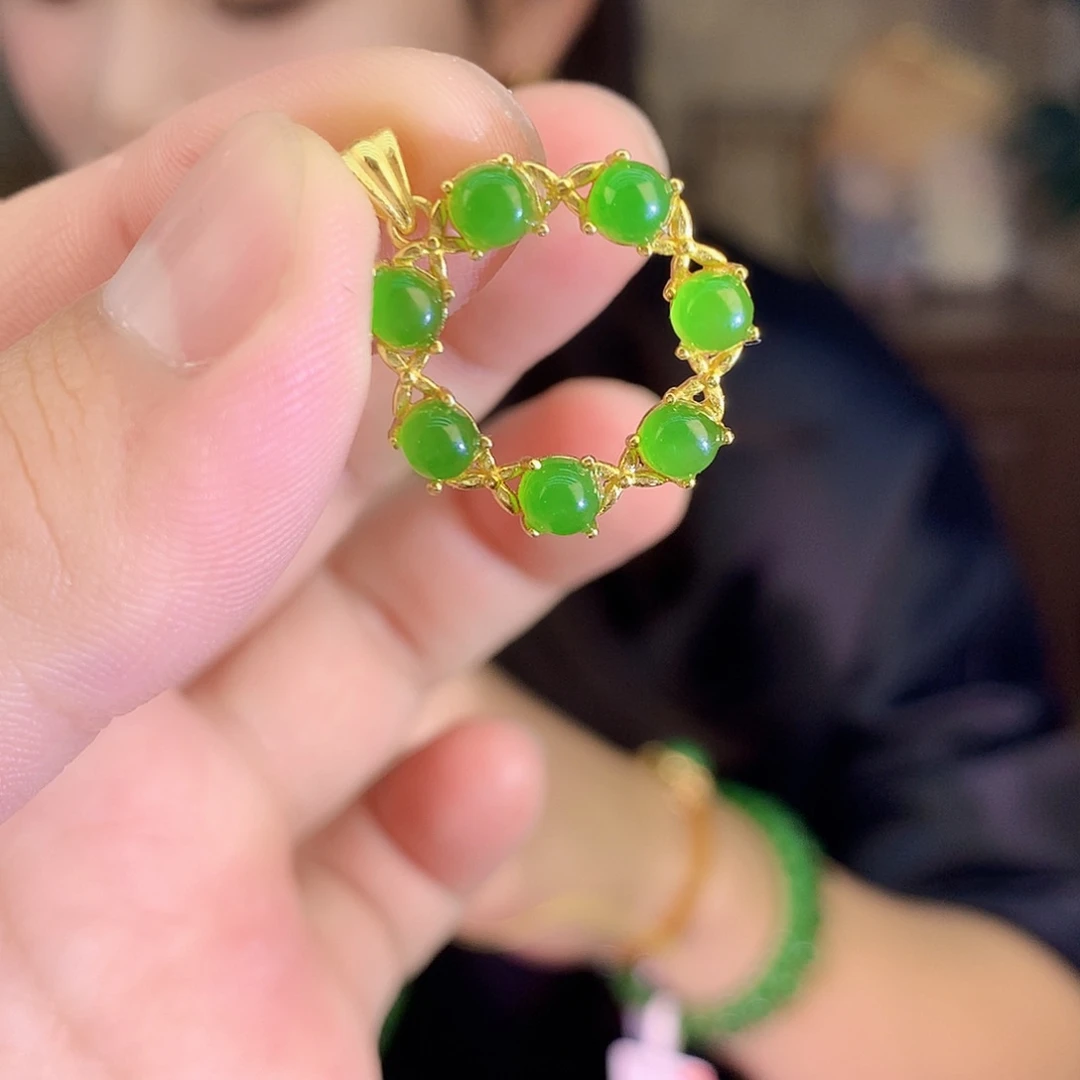 吊坠(不含链)银S925镶嵌和田玉（碧玉）吊坠