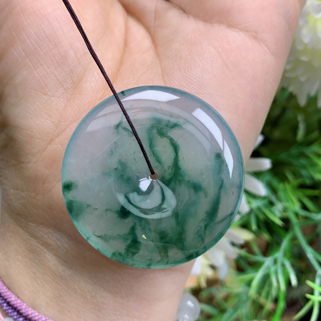 缅甸天然翡翠a货玉石高冰起胶飘花平安扣吊坠李尺寸37.2/6.4mm