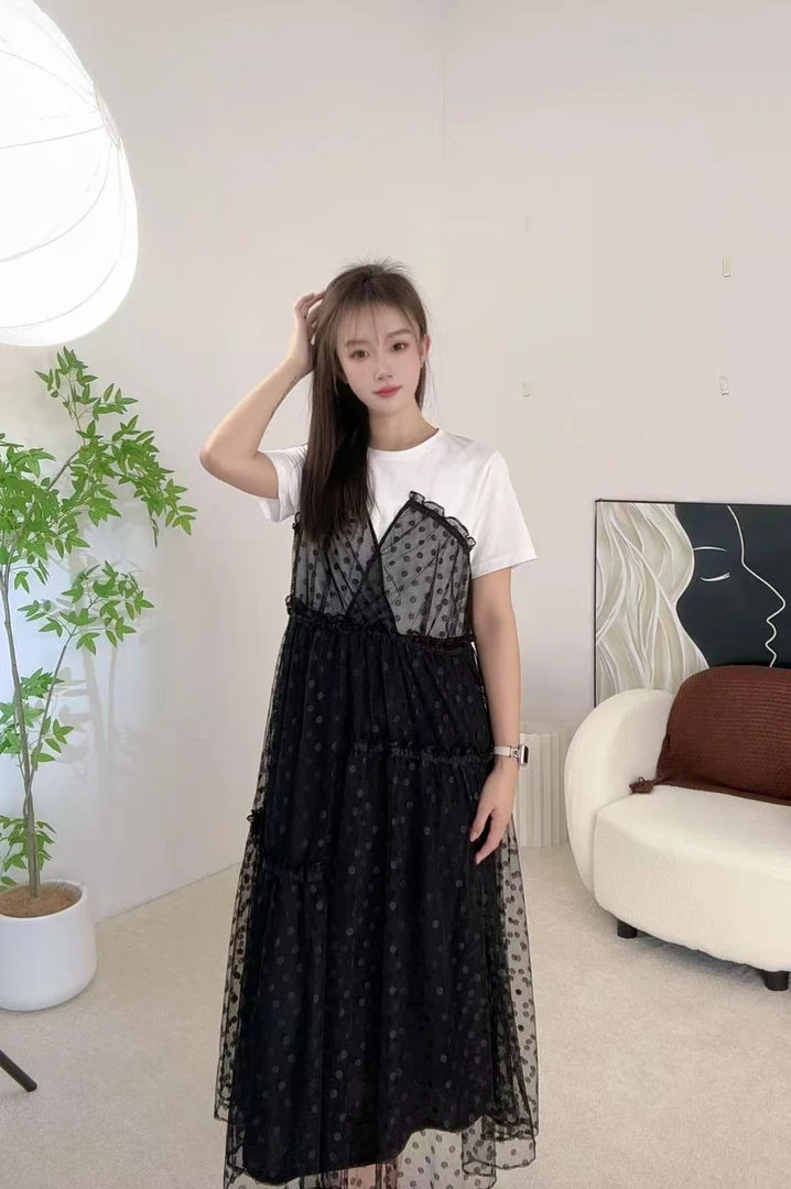 A字裙拼接中长裙纯色圆领连衣裙百搭收腰韩版吊带裙