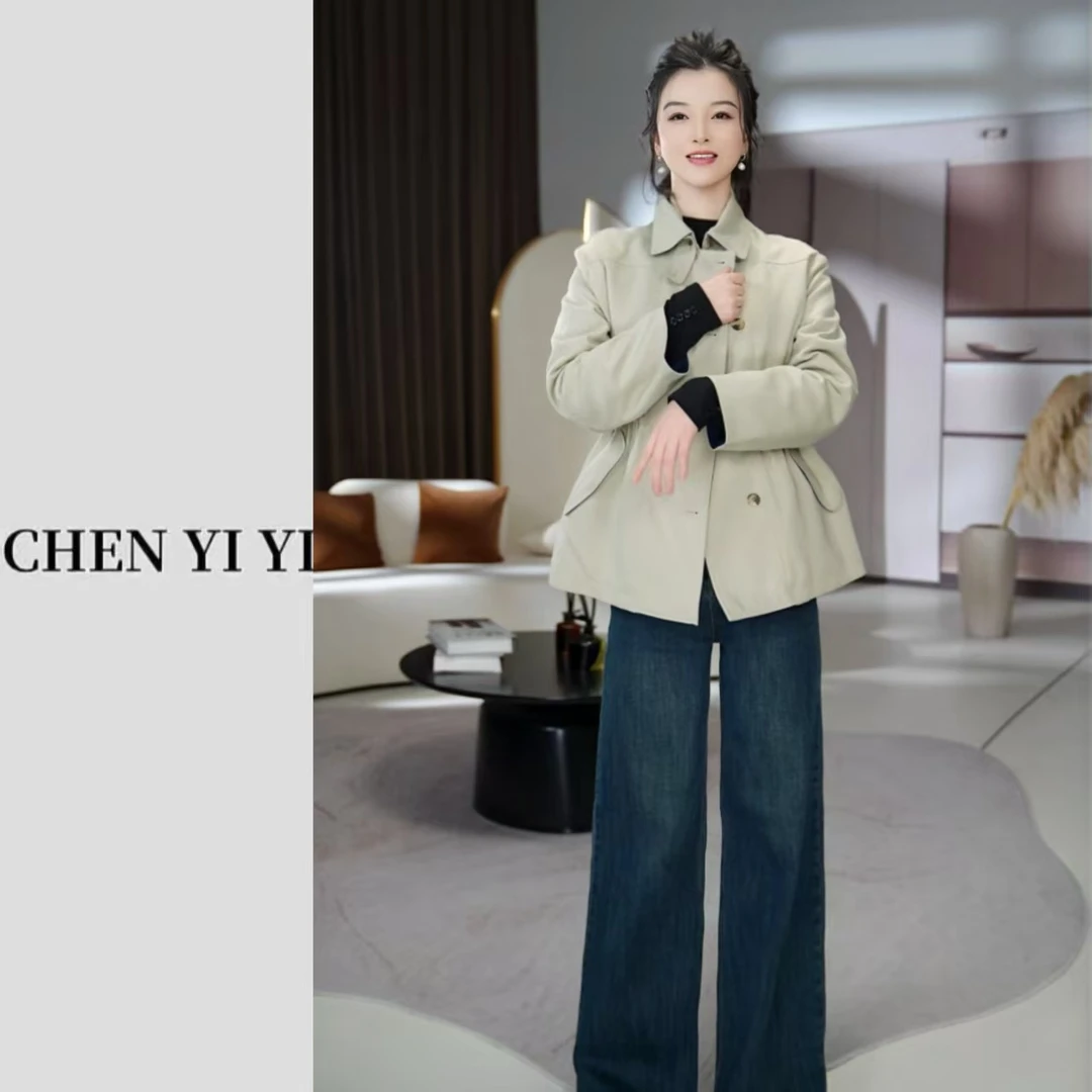 抽绳收腰翻领风衣外套女2025春秋新款百搭韩版时尚腰显瘦短外套