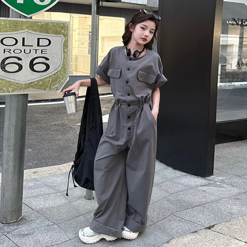 女童潮酷范儿童工装连体衣2025夏季中大童抽绳收腰连体裤子时髦夏