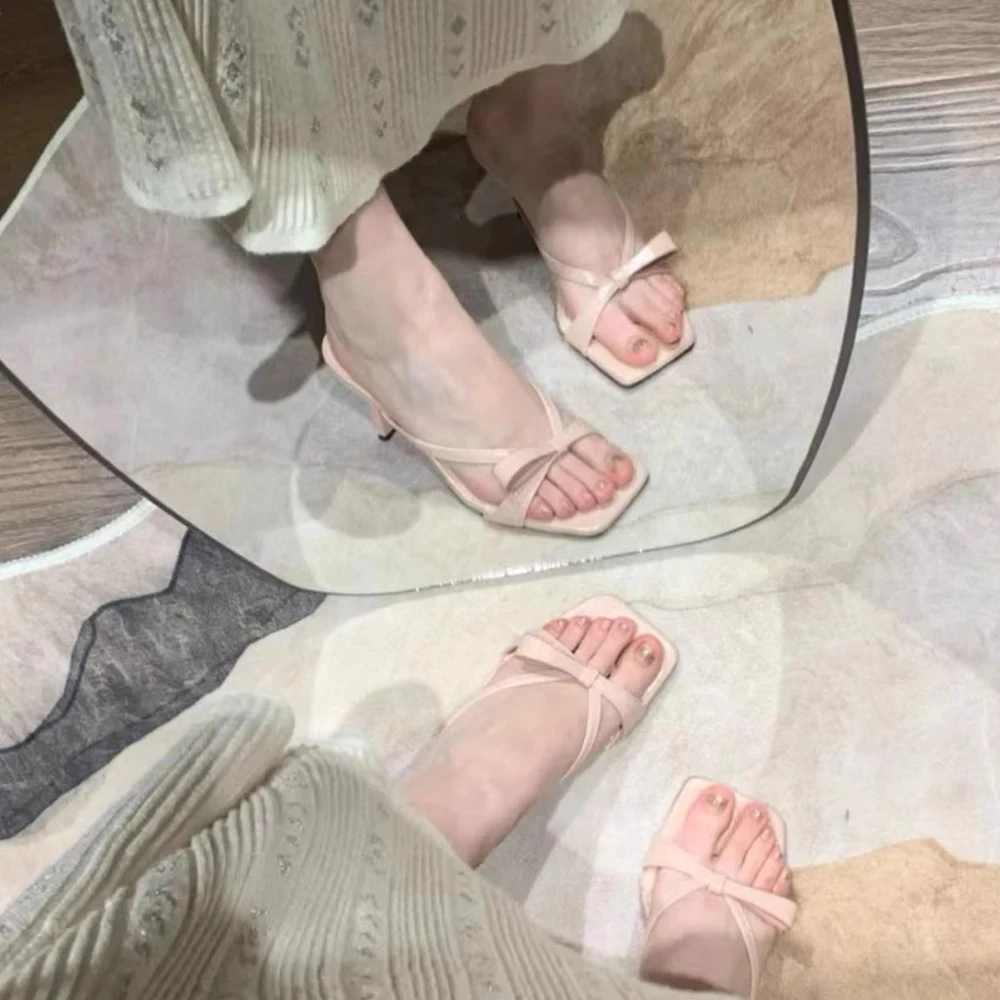 小众法式！蝴蝶结高跟鞋女夏外穿一字带细跟方头仙女风露趾凉拖鞋