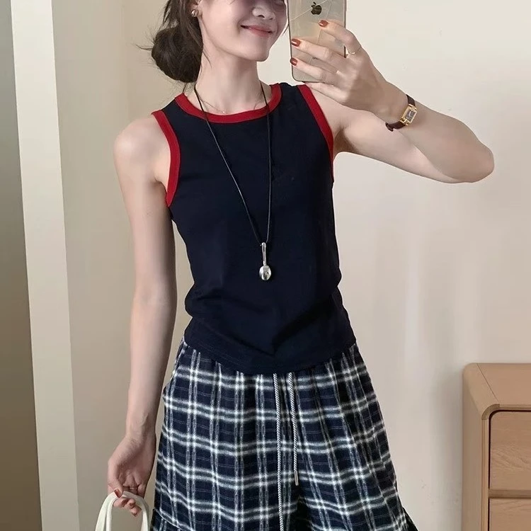 纯棉短袖背心撞色拼接秋季新款森女风修身时尚
