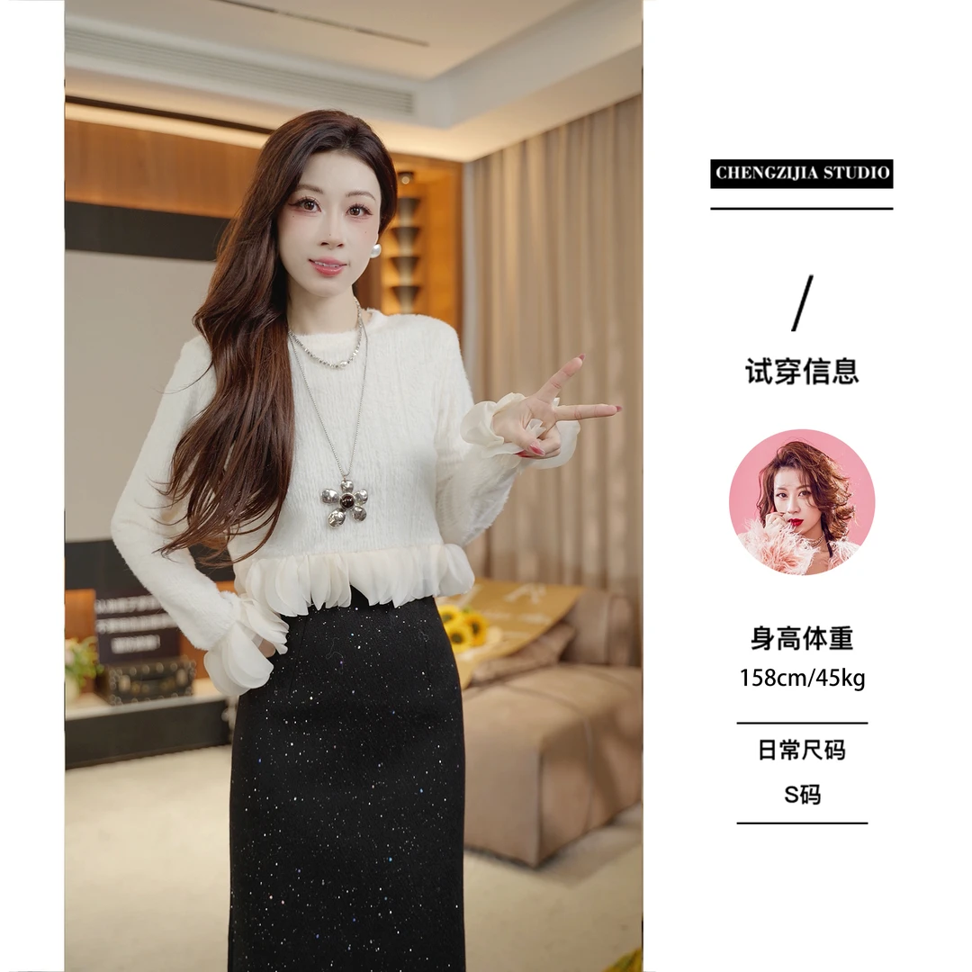 【裴诗婷】MY0257花瓣袖圆领百搭毛衣