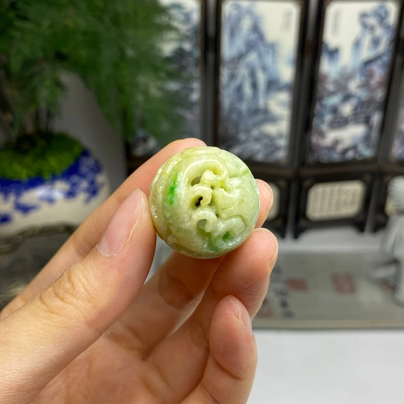黄加绿镂空凤凰圆珠吊坠挂件 天然翡翠A货
