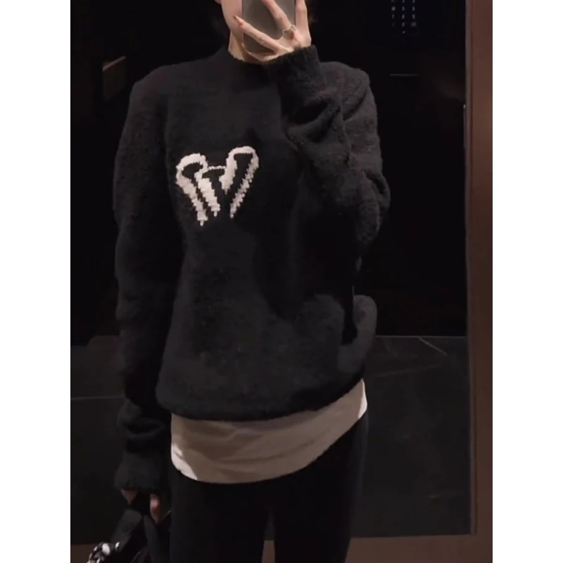 2025秋冬新款时尚气质黑色针织衫韩系半高领保暖小众设计圆领长袖