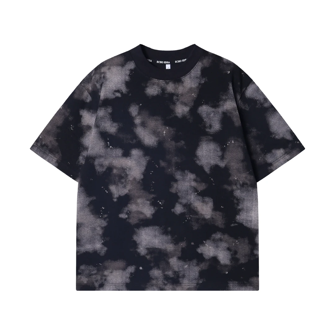 夏季高级感新款美式晕染撞色圆领短袖T恤潮流街头ins宽松上衣