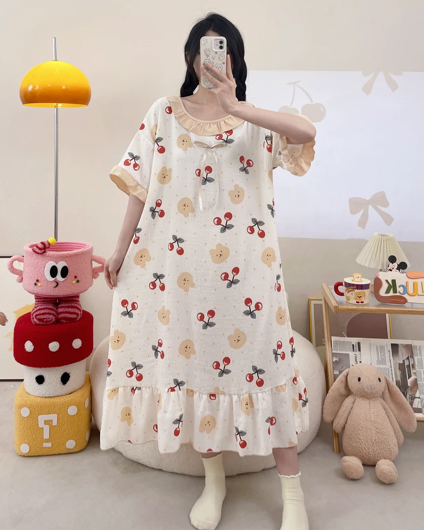 2025新款碎花中长款短袖长裙薄款夏季睡裙舒适连衣裙卡通大码