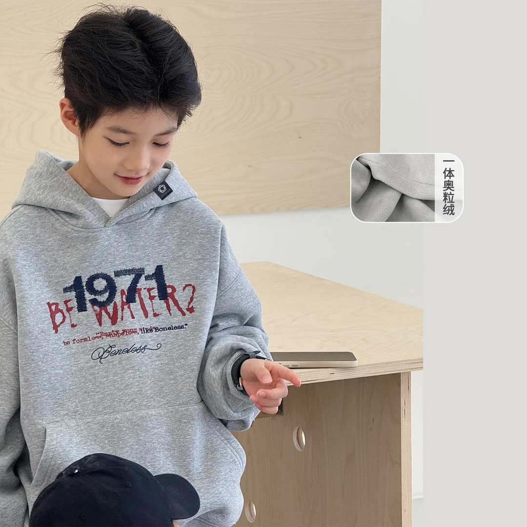 男童加绒卫衣冬装新款中大童保暖连帽上衣儿童洋气套头衫韩AB1087