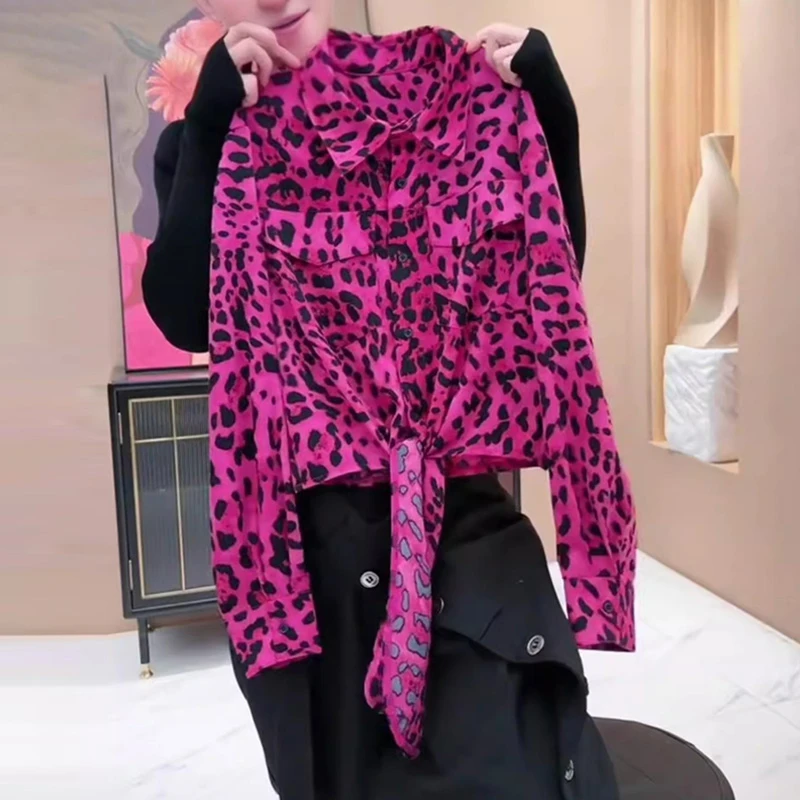 洋气减龄玫粉色豹纹衬衫女款春季韩版高级感系带衬衣休闲别致上衣