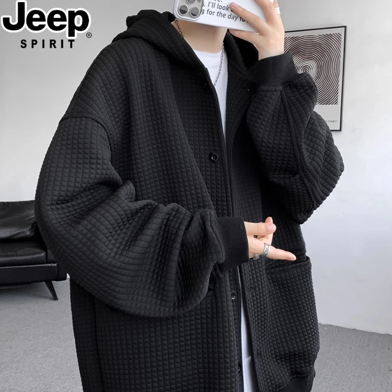 JEEPSPIRIT吉普冬季潮流纯黑色休闲夹克男男装潮牌百搭卫衣外套男