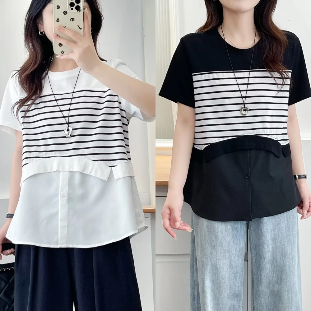 大码胖mm时尚百搭条纹拼接假两件短袖T恤女夏季新款上衣创意遮肚