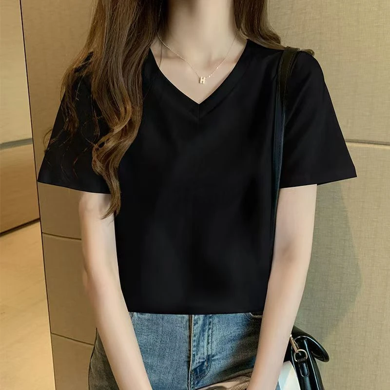 新款大码纯棉气质休闲遮肉短袖t恤女士夏季显瘦洋气v字领宽松上衣