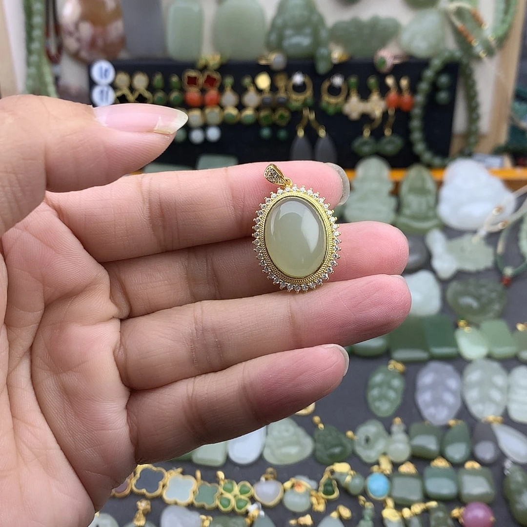 和田玉银S925镶嵌吊坠(不含链)