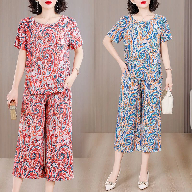棉绸套装女气质外穿夏季洋气显瘦休闲大码减龄短袖两件套阔腿裤