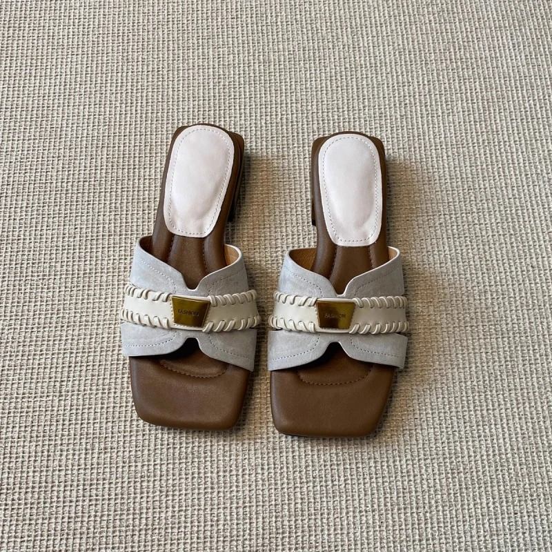 方头法式低跟拖鞋女2025新款外穿百搭气质露趾编织度假一字凉拖鞋