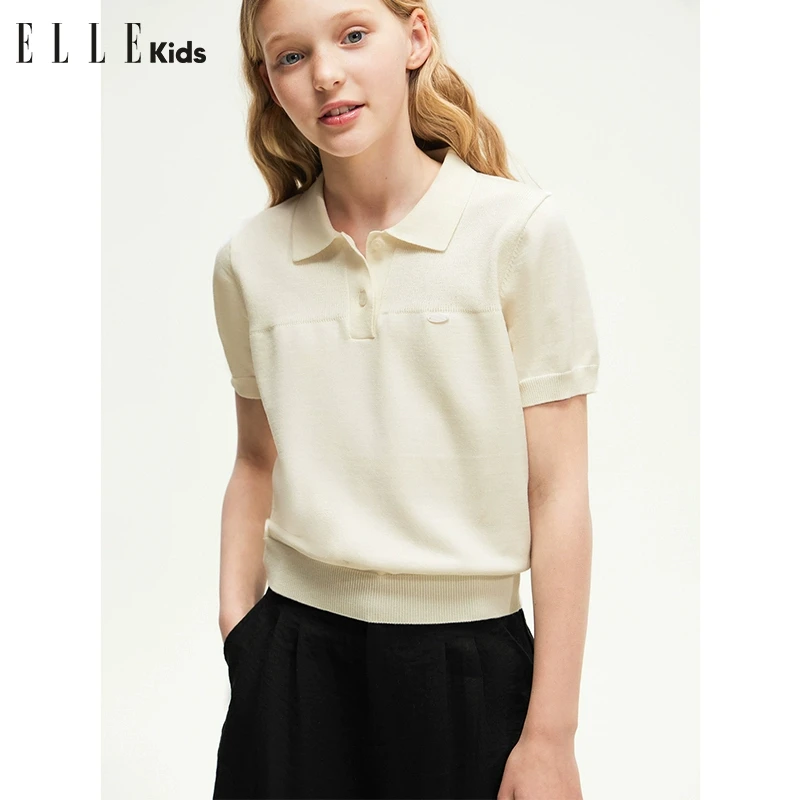 ELLE KIDS POLO领短袖针织衫女儿童夏季新款正肩宽松廓形上衣X2
