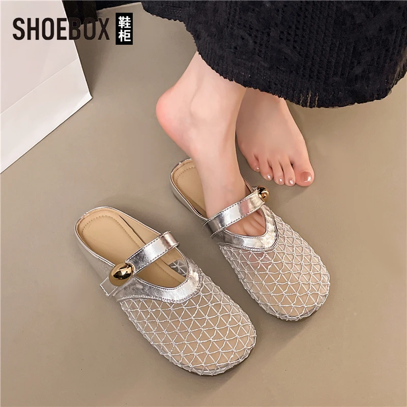 达芙妮旗下平底法式包头半拖鞋外穿女鞋2025夏新款网面透气凉拖