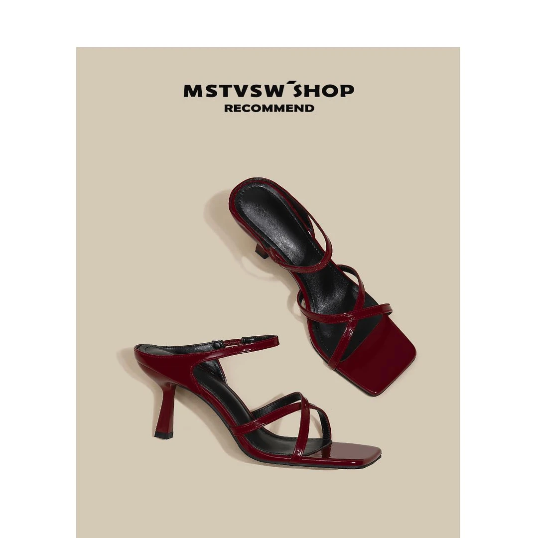 绝美一字带凉鞋法式气质凉拖鞋女夏天外穿红色方头露趾细跟高跟鞋