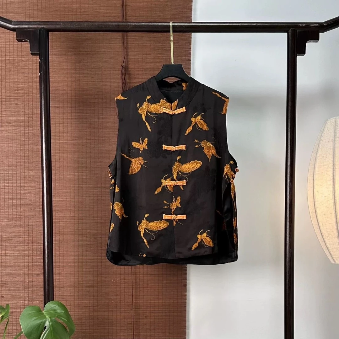 百分百桑蚕丝香云纱重工立体浮雕蝴蝶飞飞马甲