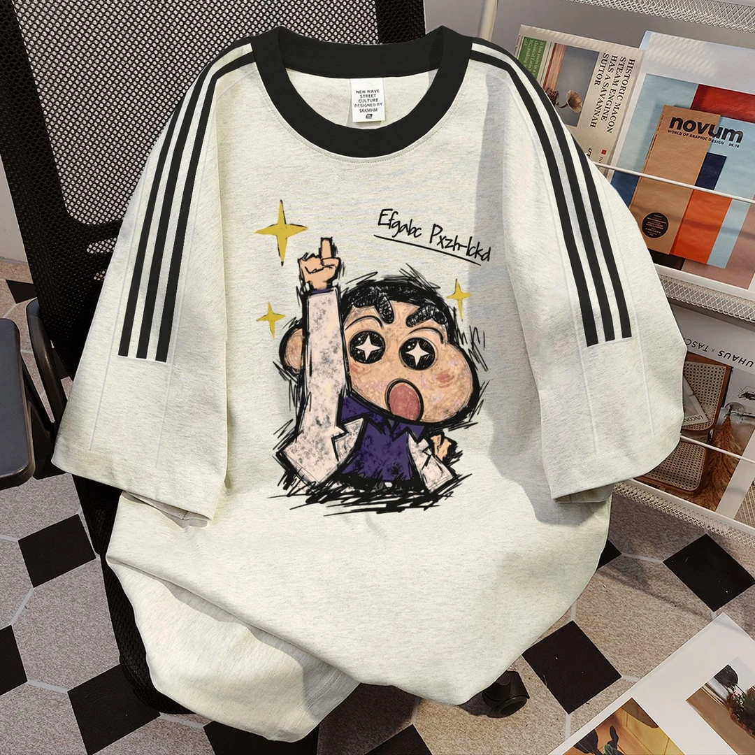 100%纯棉趣味卡通印花三条杠男女款短袖t恤2025夏季新款宽松上衣