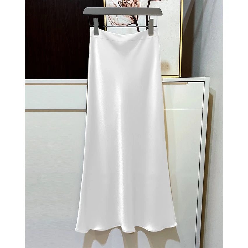 珠光醋酸缎面半身裙A字裙大裙摆气质修身包臀长裙