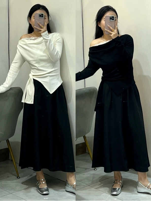 纯欲风拼接蕾丝一字肩上衣