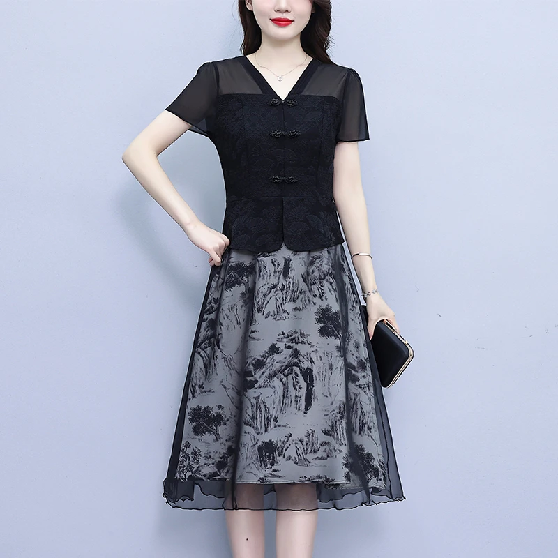 新中式国风中长裙2025中年妈妈夏季洋气显瘦气质新款贵夫人连衣裙