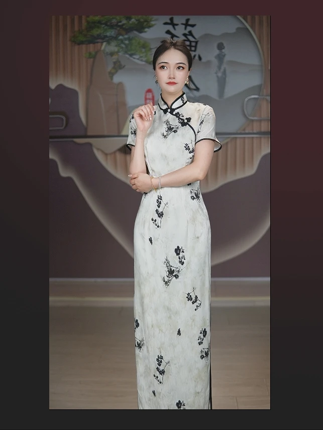 条纹旗袍裙新中式日常常规款旗袍时尚提花网红春夏夏季气质显瘦