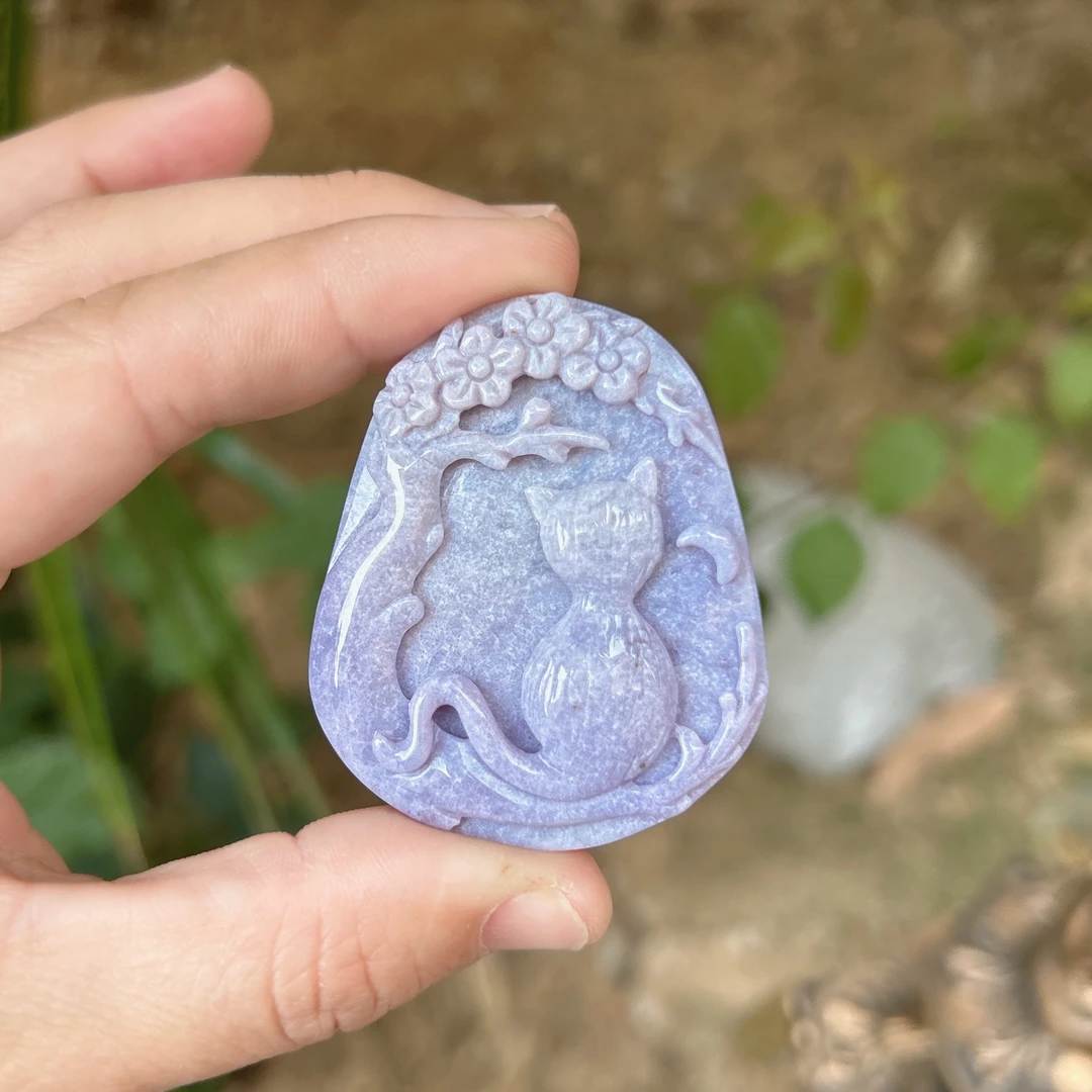 天然珊瑚玉雕刻件玉石挂件吊坠珊瑚玉紫冰背影猫