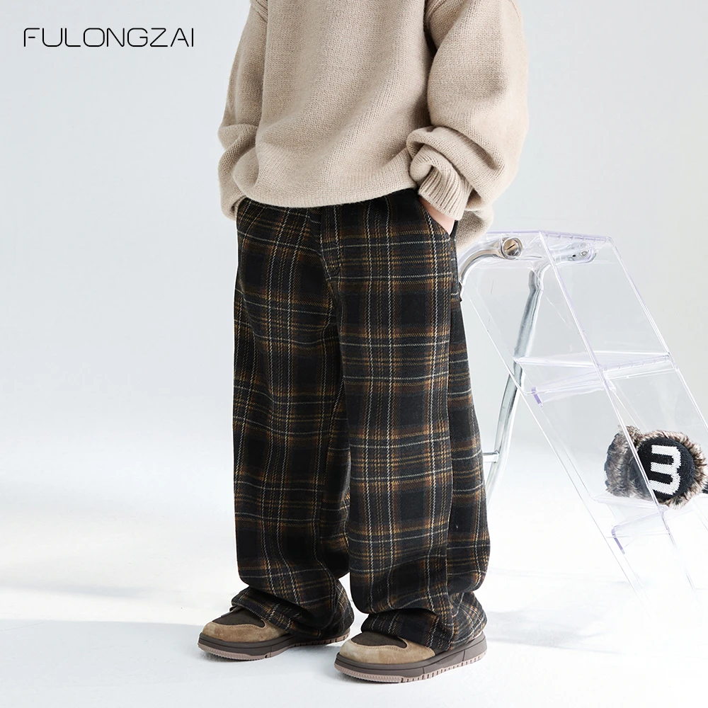 FULONGZAI格子英伦风亲子直筒童装冬中性新款中大童加绒加厚长裤