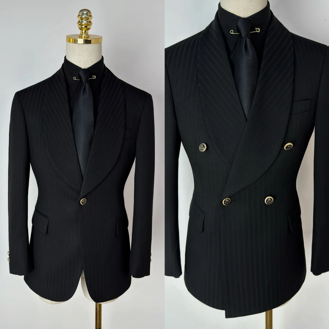 【西蒙曹】-新款男士修身商务条纹塔士多青果领礼服西服  单西服