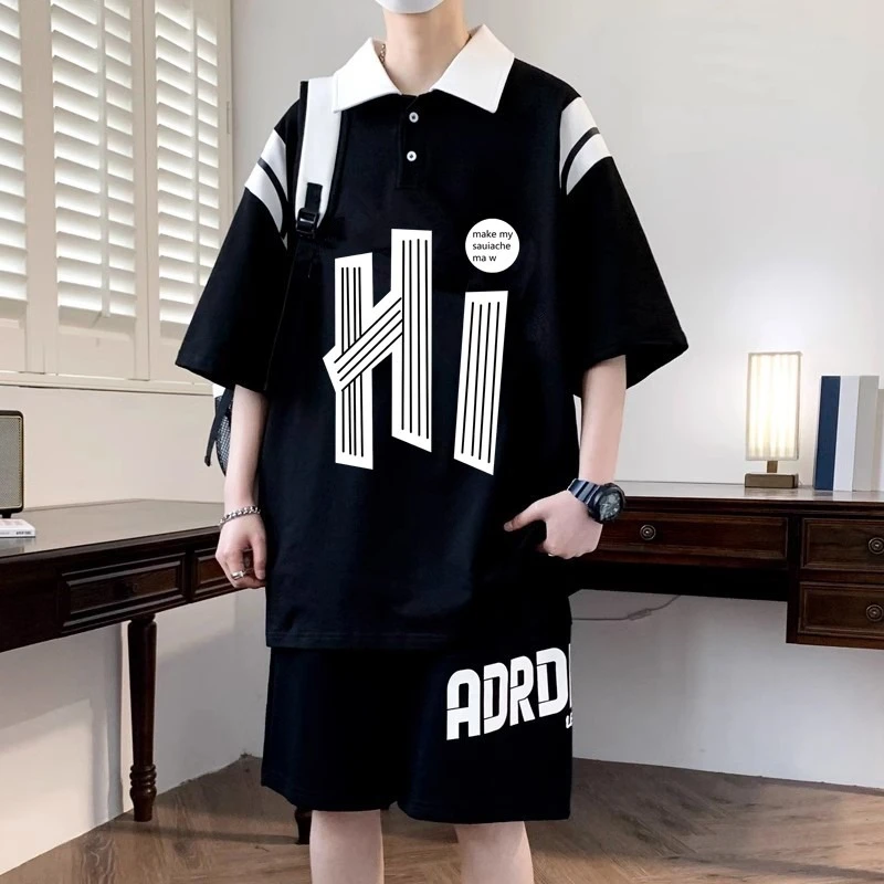 夏季休闲POLO衫短袖套装男港风潮流宽松大码t恤短裤一套帅气搭配