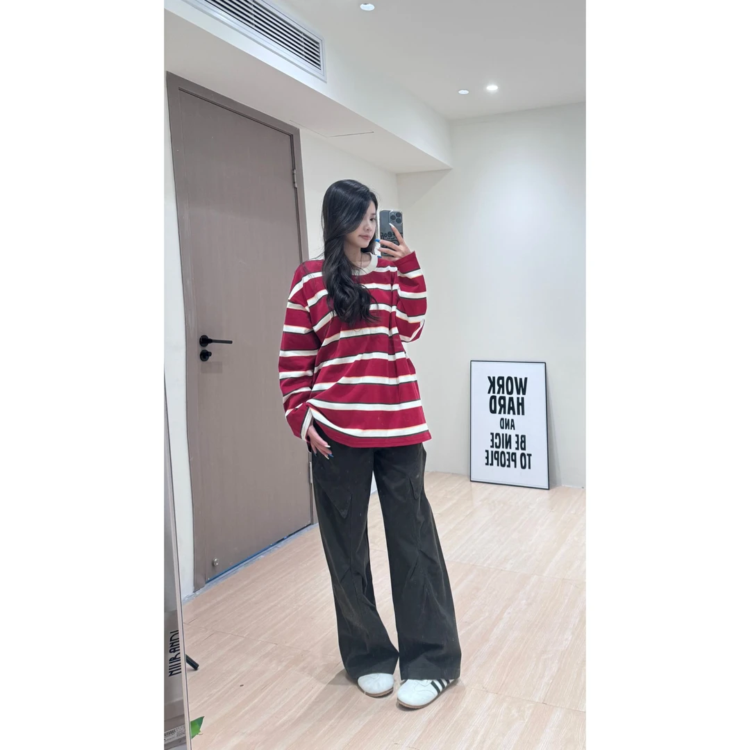 【条纹中长款T恤】秋冬薄款上衣女装时尚潮牌宽松经典慵懒百搭舒适
