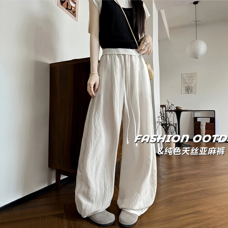 天丝亚麻轻薄透气阔腿裤女2025夏季新款垂感休闲拖地弯刀裤长裤