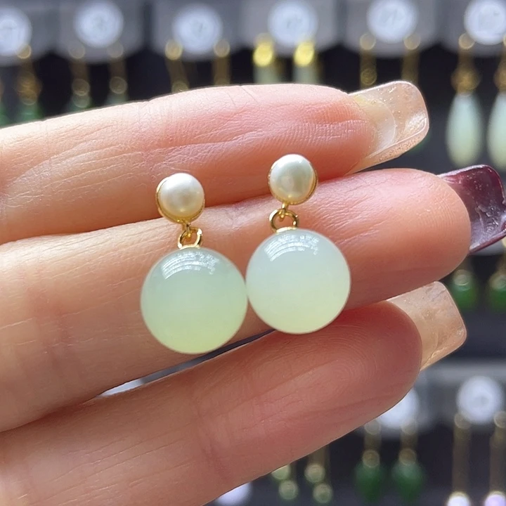 和田玉耳饰银S925镀金镶嵌