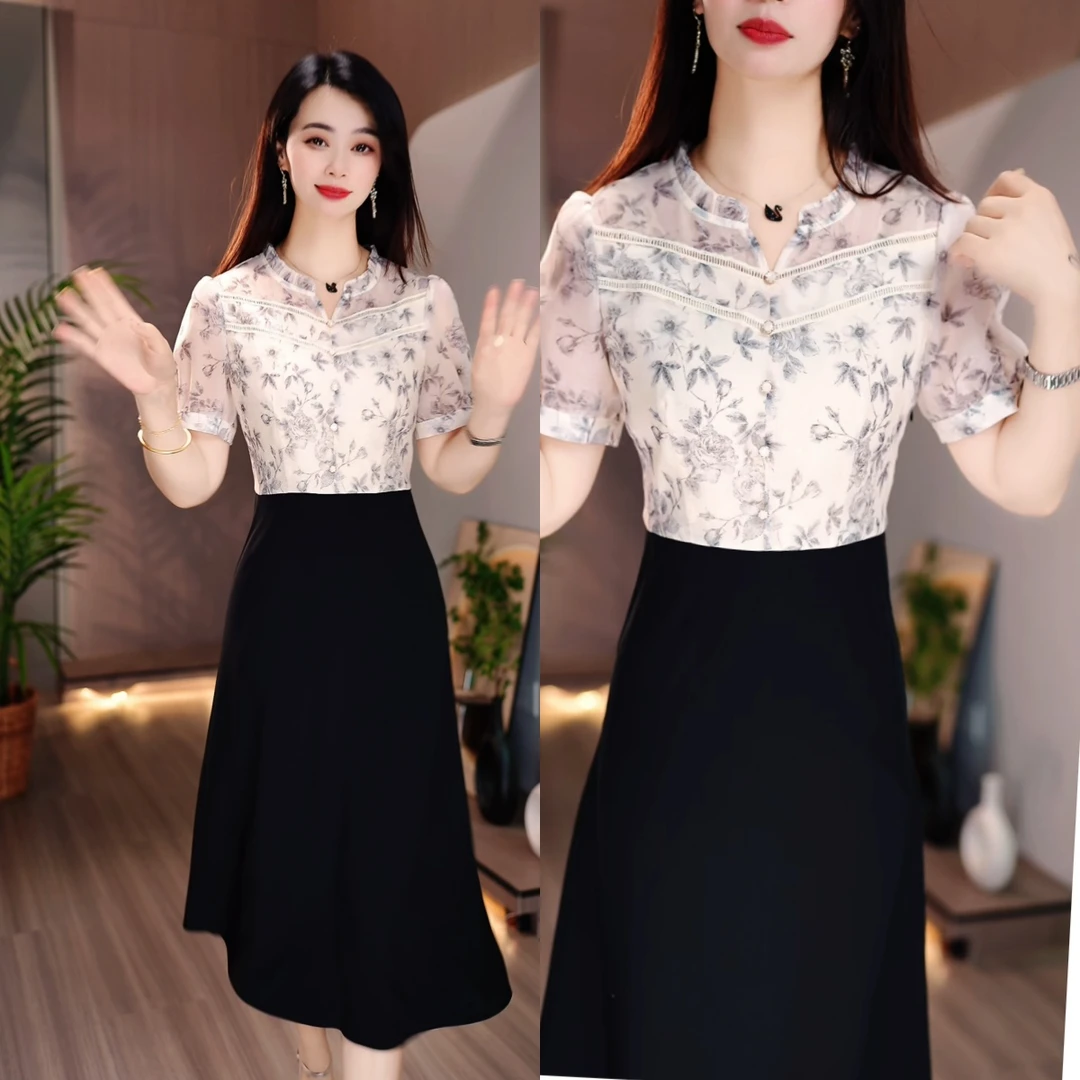 圆领小V花边领连衣裙显瘦气质洋气时尚夏季法式优雅知性新款