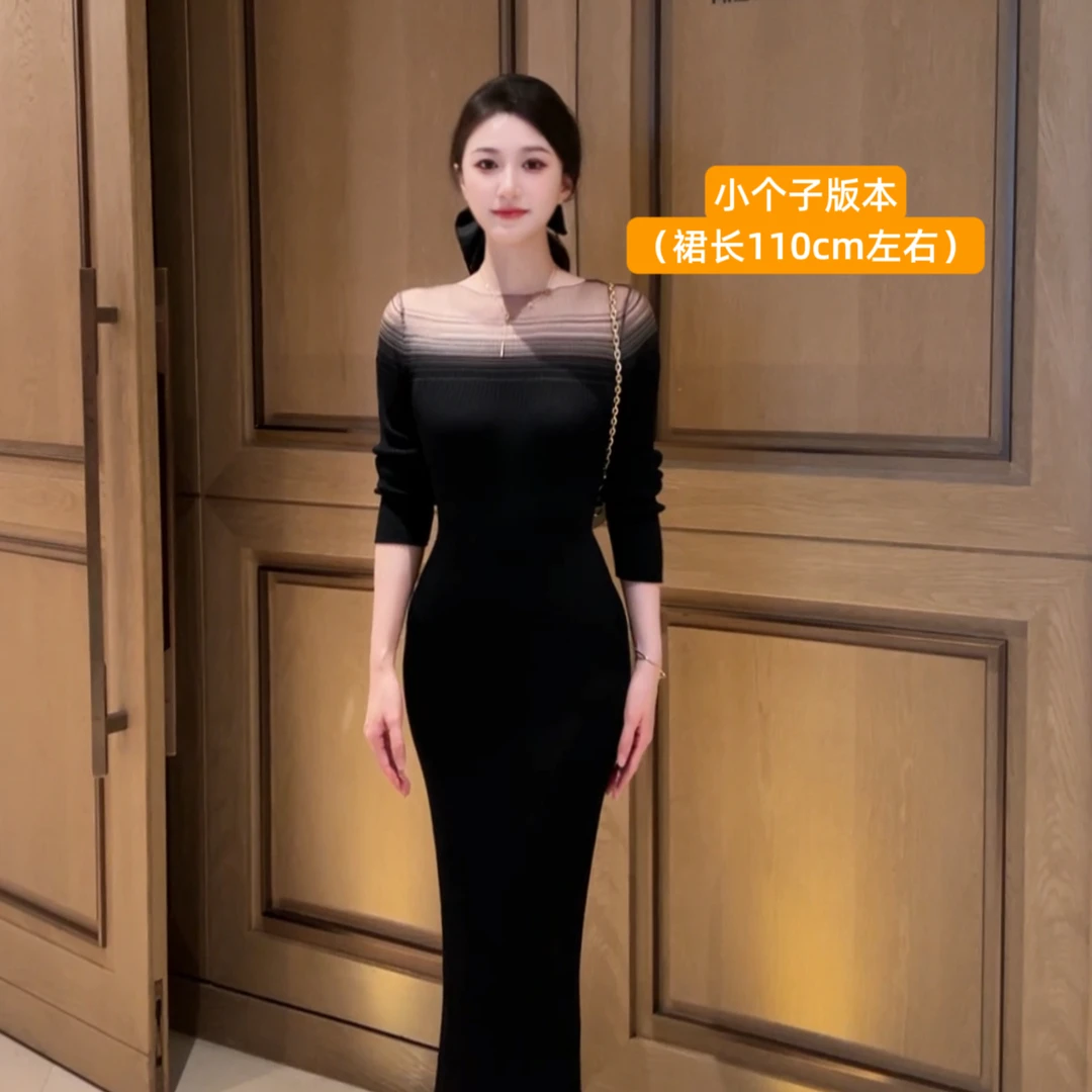 小个子版【暮色烟云】高腰花苞裙圆领常规弧形领连衣裙长款优雅气质