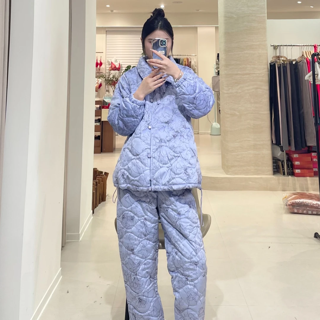 QL冬季加绒加厚三层夹棉睡衣女翻领印花保暖可外穿家居服套装2803